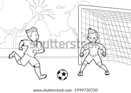 Coloring book: two boys soccer players play with a ball against the backdrop of a football field and football goal. Vector illustration in cartoon style, isolated black and white line art