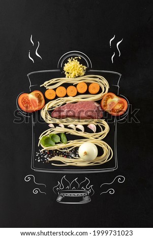 Italian traditional cuisine. Set of ingredients for spaghetti bolognese. Tomatoes, noodle, meat and garlic. Artwork. Drawn in chalk. Creative cooking pot on fire. Design for kitchen