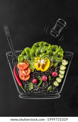 Creative vegetable salad. Set of ingredients for healthy useful dish. Tomato, radish, cucumber and green lettuce in bowl. Artwork. Drawn in chalk. Concept of healthy eating, food and cooking.