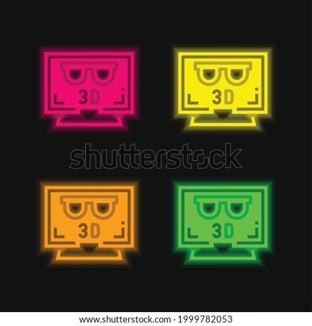 3d Movie four color glowing neon vector icon