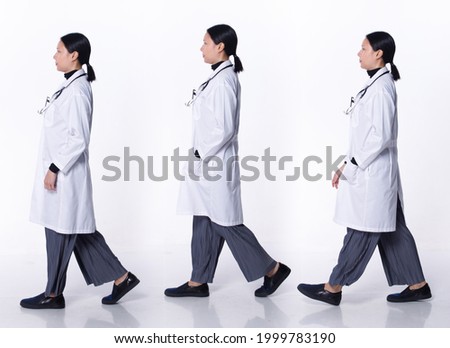 Collage Full length of 40s 50s Asian LGBTQIA+ Doctor Woman wear lab coat, stethoscope, patient chart. Medical Female walk turn right in hospital over white Background isolated Royalty-Free Stock Photo #1999783190