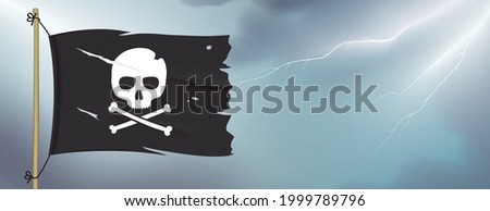 Worn pirate flag waving on dark sky background with lightning. Crossbones black flag vector banner design with copy space.