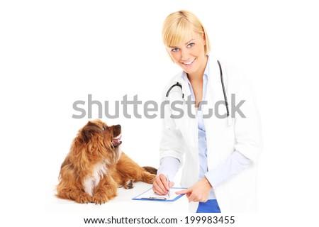 A picture of a vet writing prescription for a dog over white background