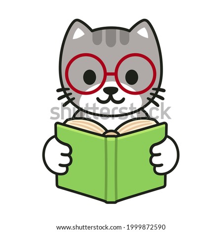 Cute cartoon cat in glasses reading a book. Adorable illustration for children, isolated vector clip art.