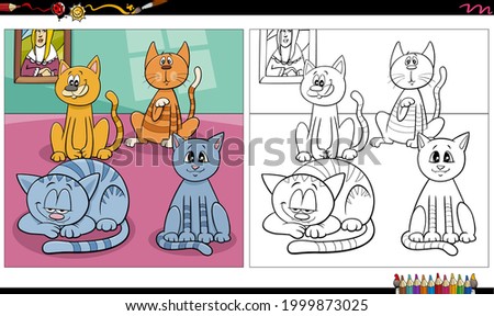 Cartoon illustration of cats and kittens animal characters group coloring book page