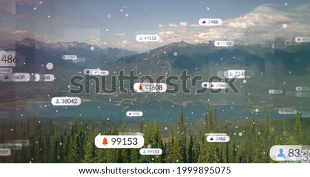 Multiple speech bubbles with social media icons and increasing numbers against mountain landscape. social media networking and technology