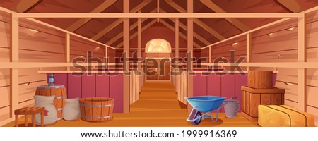 Horse stable interior or barn for animals. Farm house inside view. Empty wooden ranch with stalls, haystacks, sacks, gate and window under roof. Countryside building cartoon vector illustration. Royalty-Free Stock Photo #1999916369
