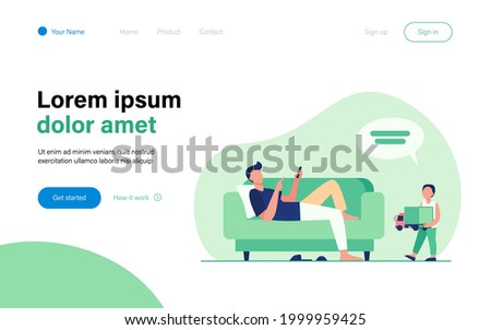Father lying on sofa and listening son with toy. Child, truck, speech bubble flat vector illustration. Communication and parenthood concept for banner, website design or landing web page