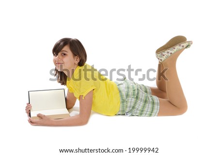 Pretty girl reading on a over white background