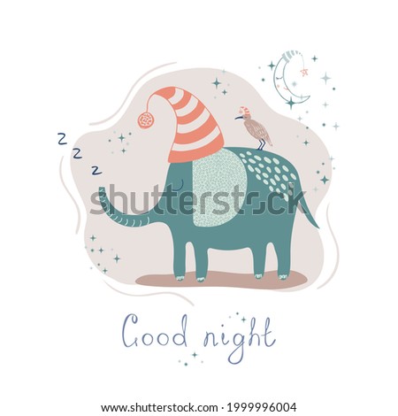Poster with cute sleeping elephant. Hand drawn vector illustration with lettering in simple scandinavian style. Good night. Ideal kids design, for fabric, textile, baby book, decorating baby nursery.
