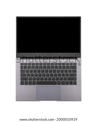black mock up on an open laptop screen isolated on a white background top view