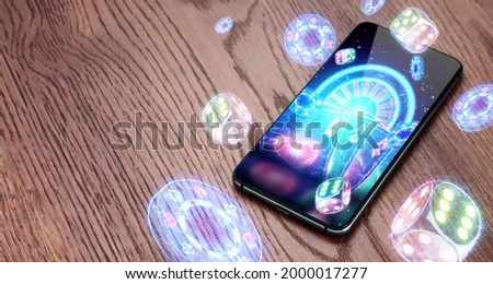 Smartphone and neon casino reboot, roulette, dice, chips. Online casino, gambling, internet games, betting. Website header, flyer poster template for advertising