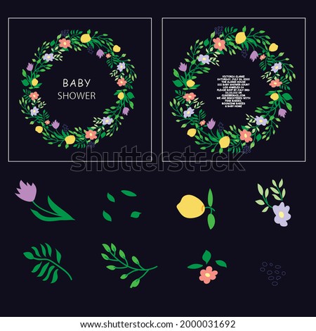 Frame hand drawn lemons, flowers vector template illustrations.Vintage border for text. Wedding invitation, holiday poster, article scandinavian style design idea