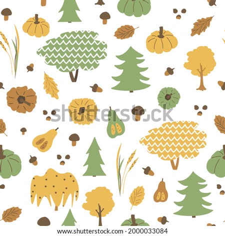 Autumn trees seamless pattern. Vector hand drawn larch, willow, alder, oak, leaves, acorn, pumpkins, wheat, mushrooms elements illustration on white background, flat style