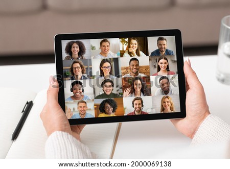 Unrecognizable Woman Holding Digital Tablet With Group Video Chat Interface On Screen, Multiethnic Men And Women Joined Web Conference Call, Enjoying Online Communication, Creative Collage