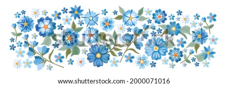 Horizontal pattern with blue embroidery flowers on white background. Panoramic view of summer floral meadow. Royalty-Free Stock Photo #2000071016