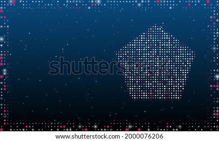 On the right is the pentagon symbol filled with white dots. Pointillism style. Abstract futuristic frame of dots and circles. Some dots is pink. Vector illustration on blue background with stars