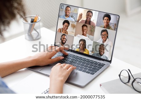 Online Meeting. Woman Joined Video Conference With Colleagues While Working On Laptop At Desk In Modern Office, Group Of Young Black People Enjoying Distant Communication, Creative Collage