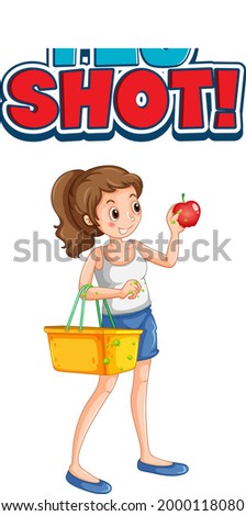 Flu Shot font design with a girl holding shopping basket isolated on white background illustration