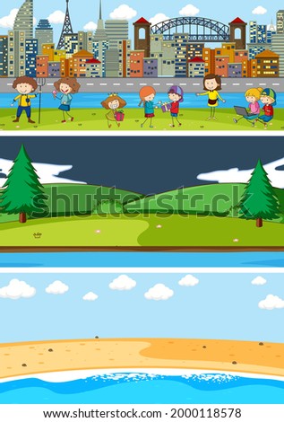 Set of different horizontal scenes background with doodle kids cartoon character illustration