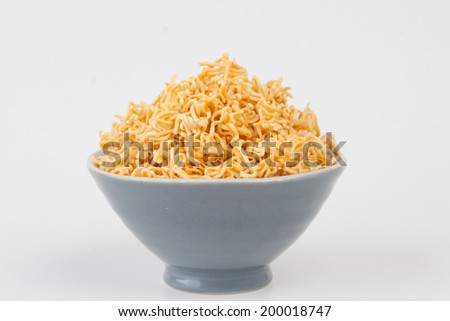 A block of dried Instant noodles on dish with gray background