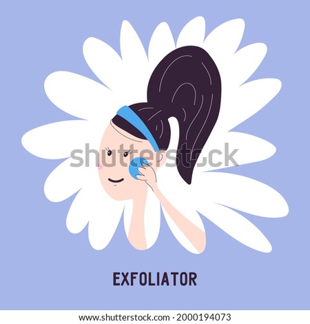 Woman doing peeling with pads icon isolated on background. Vector illustration about exfoliating cosmetics in cartoon hand draw style. Korean facial skin care