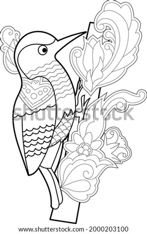 Contour linear illustration with bird for coloring book. Cute woodpecker, anti stress picture. Line art design for adult or kids  in zentangle style and coloring page.