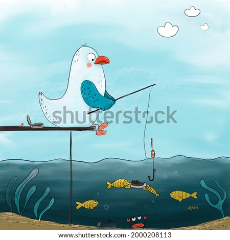 A funny seagull is catching fish on the riverbank. Concept of vacation, summer, hobby, weekend. Illustration done by hand with curved lines in cartoon style. Book illustration.