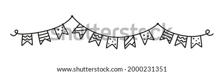Hand drawn holiday bunting. Doodle birthday garland of flags. Children doodle drawing. Isolated vector illustration on white background. Royalty-Free Stock Photo #2000231351
