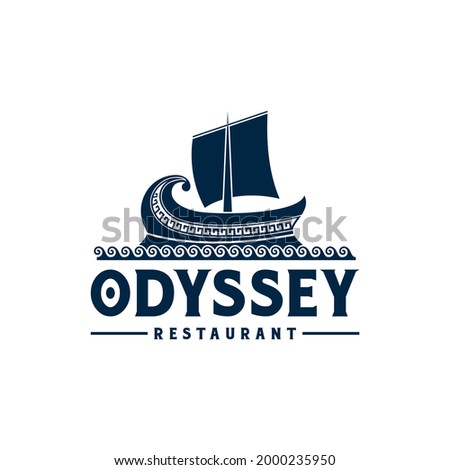 Ancient greek ship logo inspiration, wave, sailing, restaurant Royalty-Free Stock Photo #2000235950
