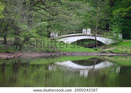 a pond with a bridge in the park