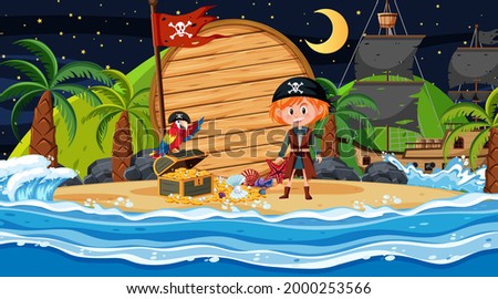 Pirate kids at the beach night scene with an empty wooden banner template illustration