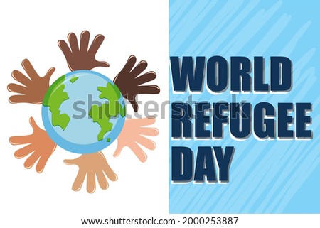 World Refugee Day banner with many hands around globe illustration