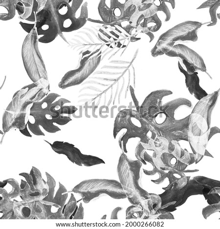 Black Seamless Leaves. Gray Watercolor Background. White Pattern Wallpaper. Tropical Texture Floral Monstera. Summer Leaf Nature Design. Vintage Illustration.