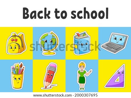 Sticker with contour. Cartoon character. Colorful vector illustration. Isolated on color background. Template for your design. Back to school theme.