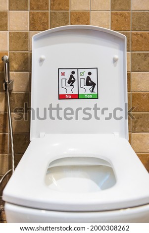 Toilet sign symbol icon pictogram on toilet bowl in bathroom.
