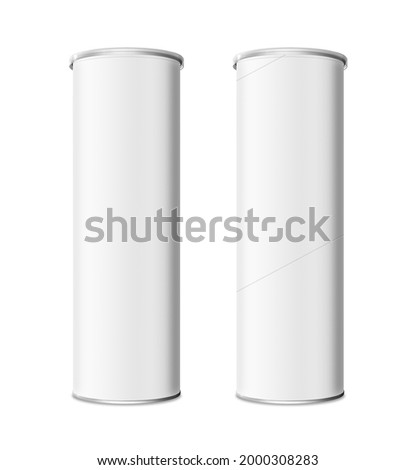 Two white kraft paper snack tubes TIN CAN Mockup, Blank white cardboard cylinder box mockup with plastic lid. Royalty-Free Stock Photo #2000308283