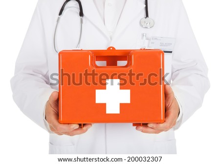 Midsection of male doctor holding first aid kit box over white background