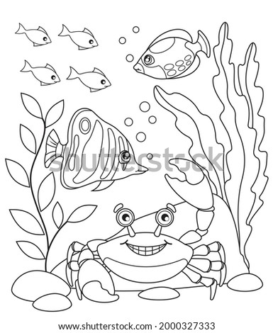 Cartoon the marine fishs and crab. Coloring page. Illustration for children. Cute and funny cartoon characters.