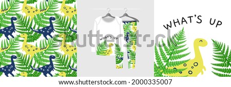 Seamless pattern and illustration set for a kid with dinosaurs, text What's Up. Cute design pajamas on the hanger. Baby background for fashion wear, tee, t-shirt print, baby shower, wrapping