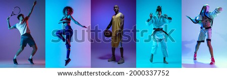 Basketball, fitness, boxing, judo and tennis. Collage of different professional male and female sportsmen isolated on multicolored background in neon light at studio. Flyer. Advertising, ad concept