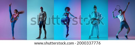 Gymnastics, fitness, swimming, judo. Collage of different professional male and female sportsmen isolated on multicolored background in neon light at studio. Flyer. Advertising concept