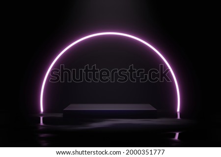 Blank luxury black gradient background with circle pink neon light and product display platform. Empty studio with rectangle podium pedestal and neon backlight on a black backdrop. 3D rendering