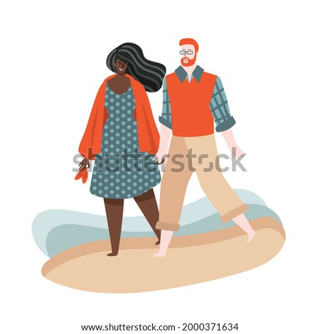 An interracial middle aged couple walking on waterfront holding hands and happily spending time together. Dark skinned woman and bearded caucasian man on a romantic date. Vector art, trendy design. Royalty-Free Stock Photo #2000371634