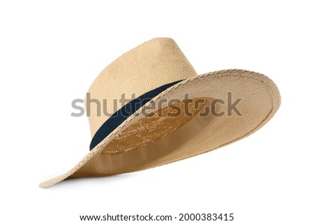 Stylish straw hat isolated on white. Fashionable accessory Royalty-Free Stock Photo #2000383415