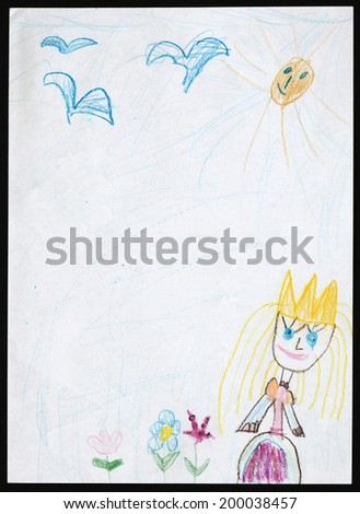 Original child's drawing of a princess drawing by a five-year-old girl. 