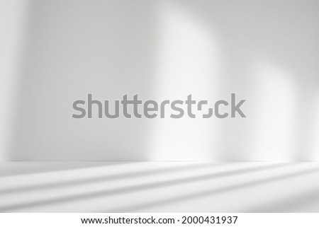 Abstract white studio background for product presentation. Empty room with shadows of window. Display product with blurred backdrop. Royalty-Free Stock Photo #2000431937