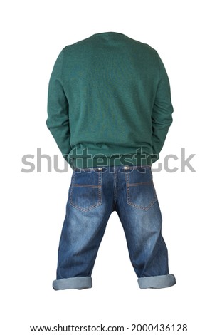 denim dark blue shorts and green knitted sweater  isolated on white background. Men's jeans