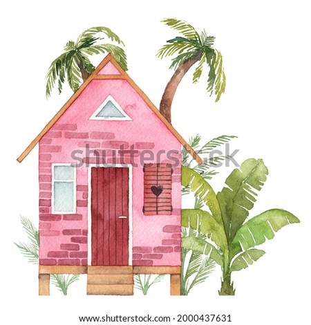 Tiny bungalow with shutters on window and rainforest on the background. Palm trees and pink small beach house with brick wall. Illustration for post card, souvenirs and wall art