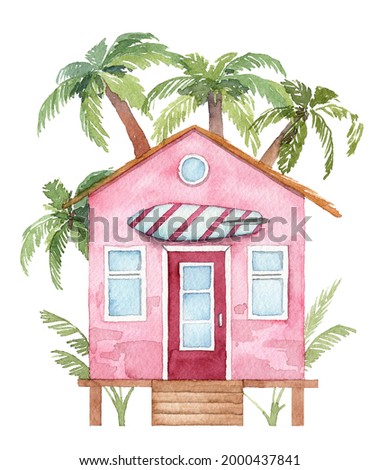 Tiny pink beach house on piles with staircase. Small bungalow with palm trees on background. Surf board with stripped print. Illustration for post card, souvenirs and wall art
